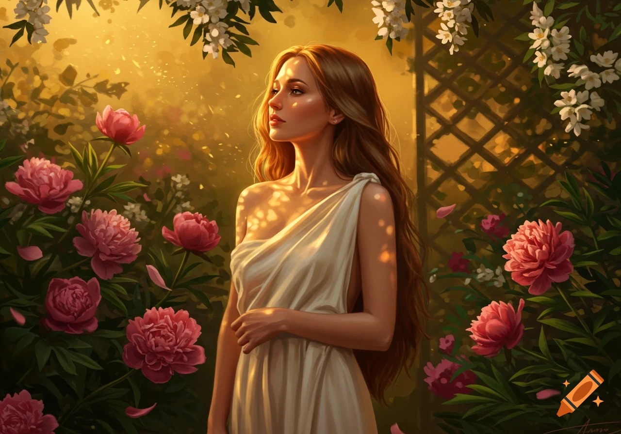 Painting of a beautiful woman in a white dress, standing in a lush garden with pink peonies, bathed in golden sunlight.