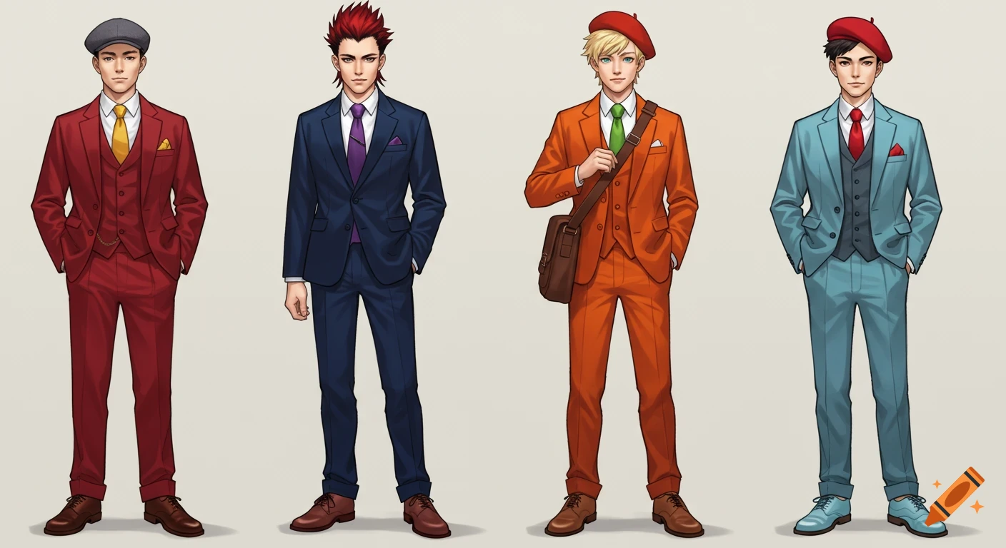 Four stylish men in colorful suits (red, navy, orange, light blue) standing in a row in a digital illustration style.
