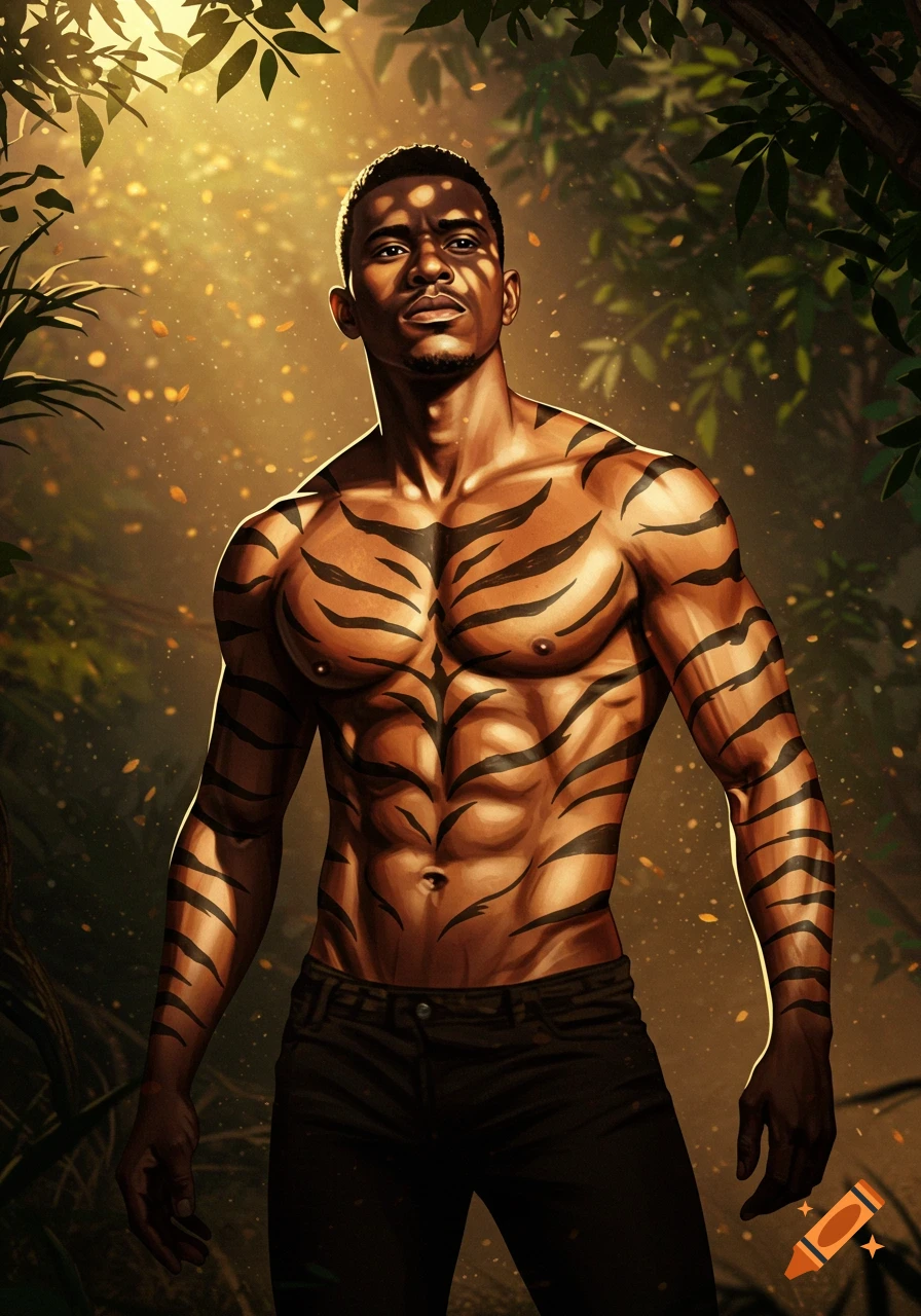 Muscular man with tiger stripe body paint stands in a sunlit jungle, digital illustration.