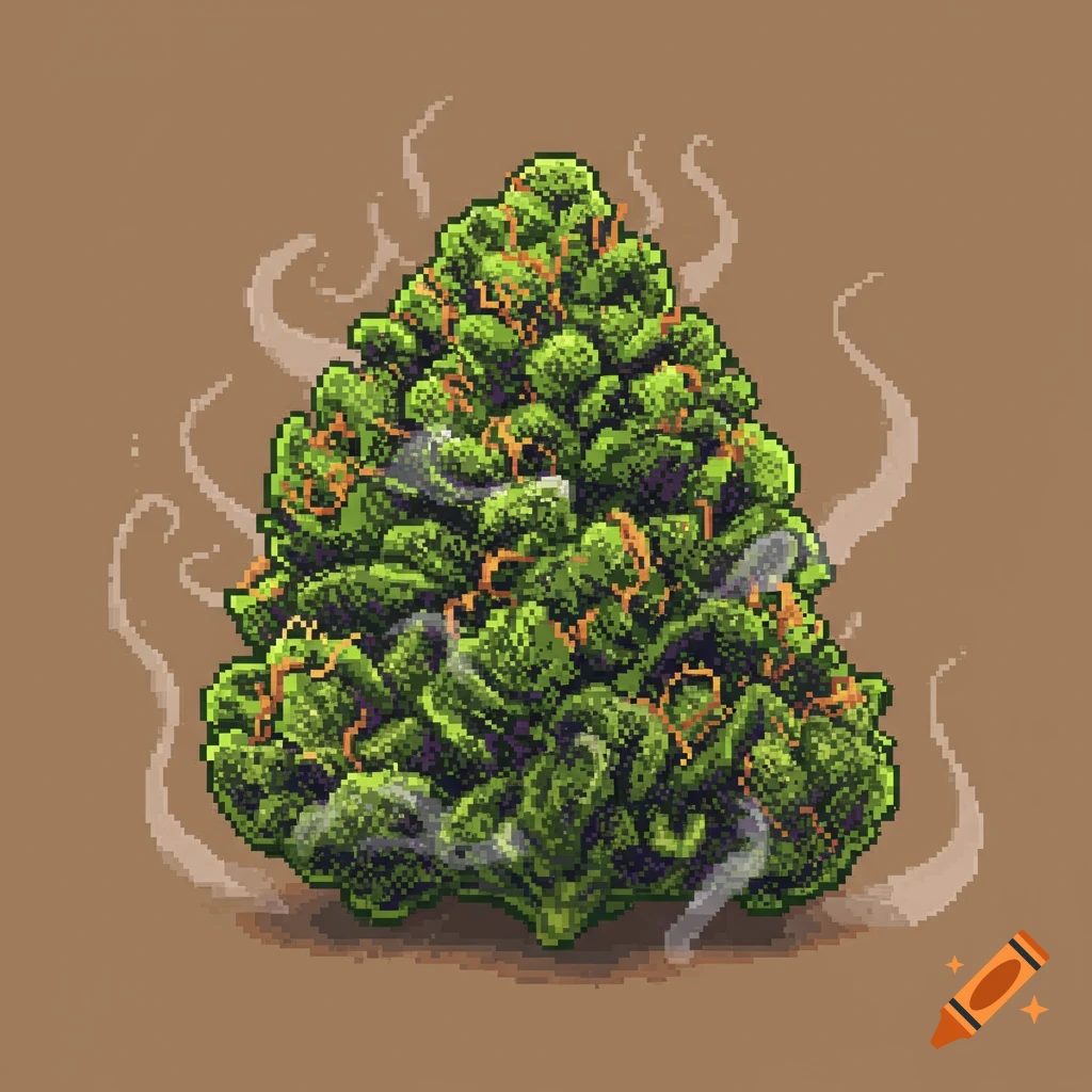 Pixel art illustration of a cannabis bud with smoky wisps around it on a brown background.