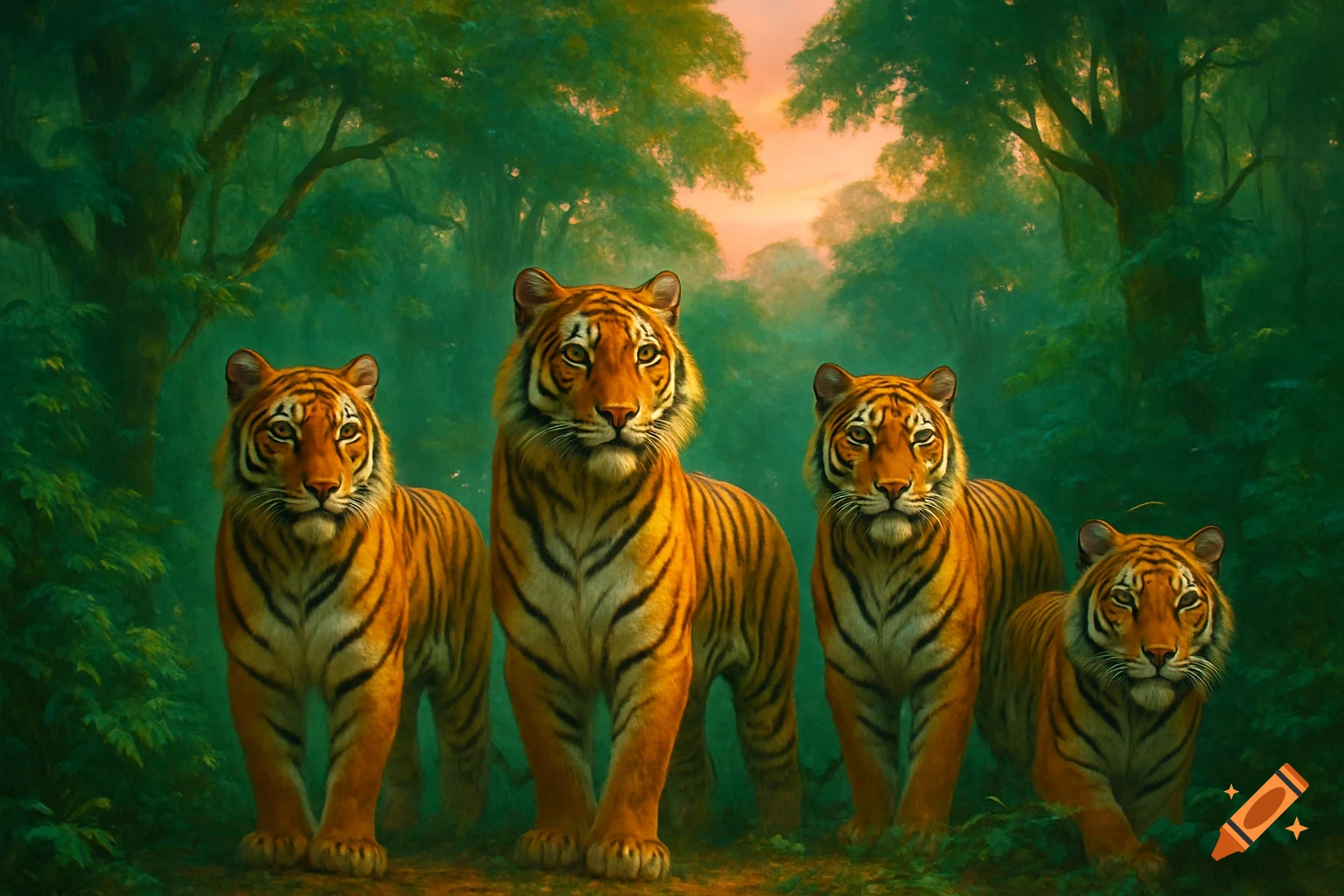 Four tigers in a lush jungle with an orange-hued sky, depicted in a detailed painterly style.