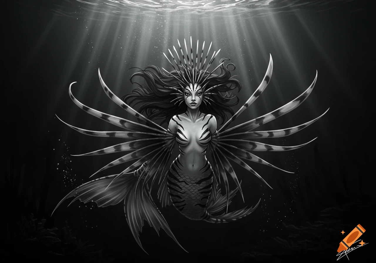 Black and white illustration of a lionfish mermaid with ornate fins and striped patterns, swimming underwater with light rays.