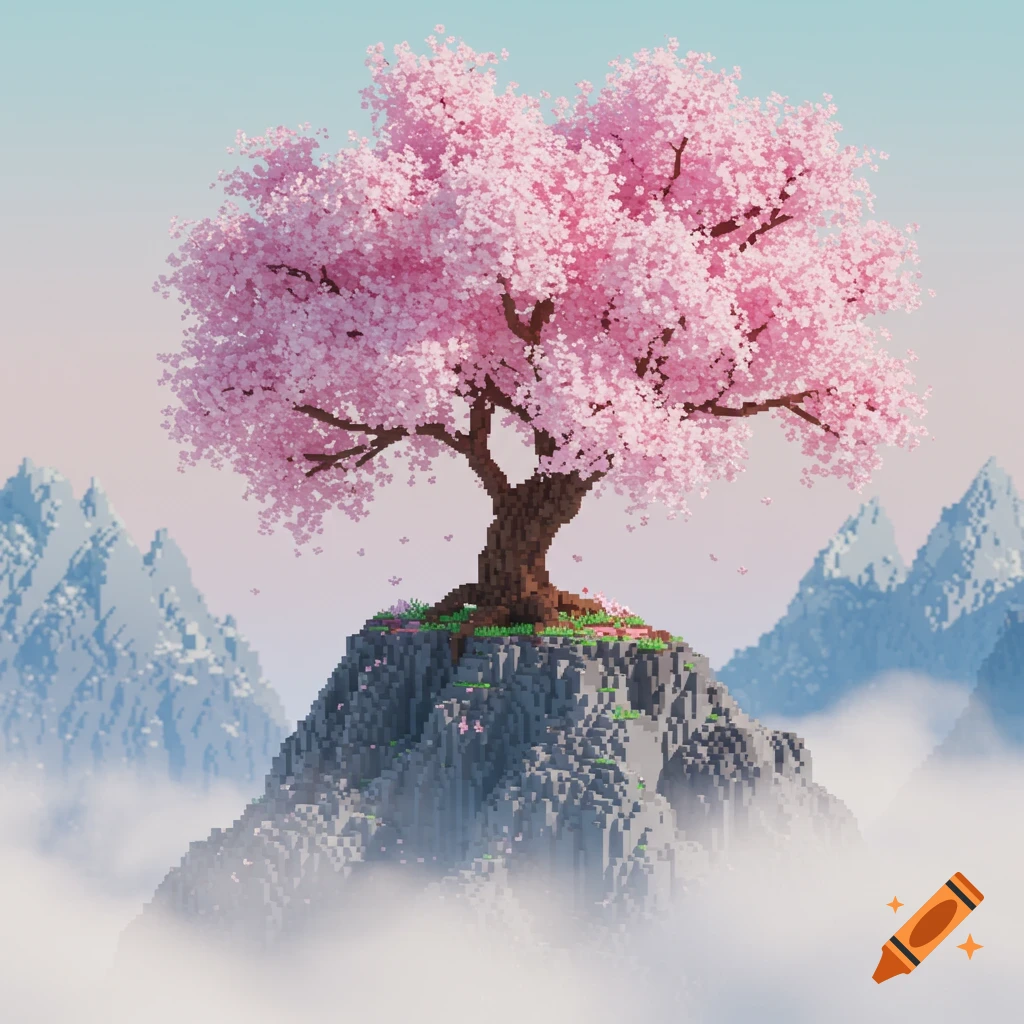 A vibrant pink pixelated cherry blossom tree stands atop a rocky mountain peak amidst clouds, with other pixelated mountains in the background.