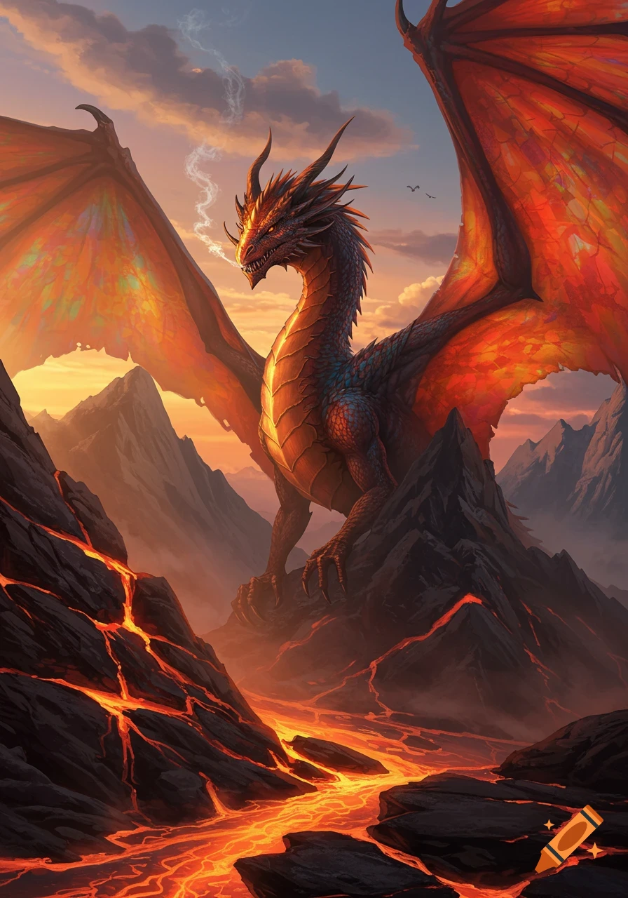 A majestic red and black dragon stands on a mountain in a volcanic ...
