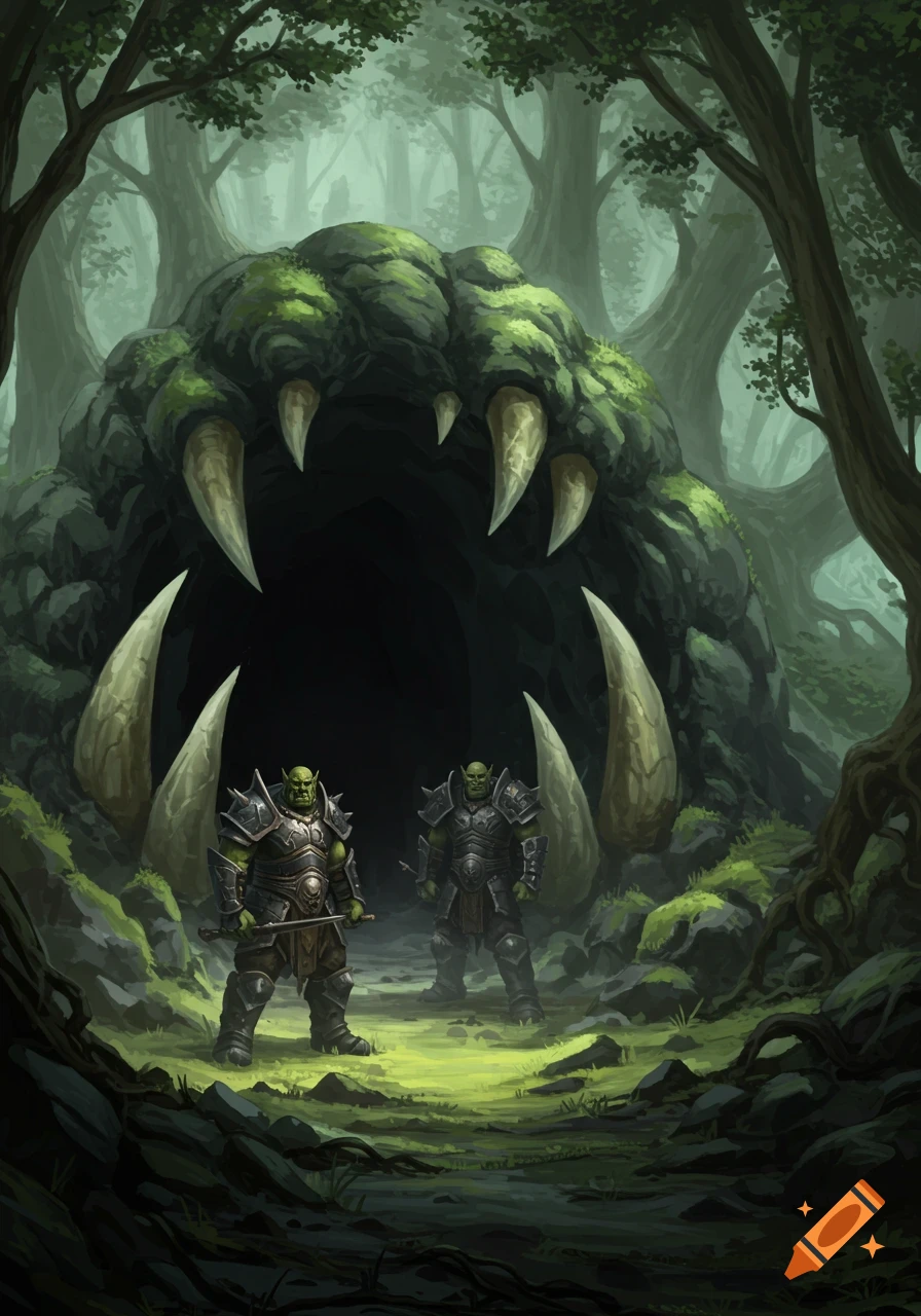 Two armored orcs stand guard in front of a cave entrance shaped like a monster's mouth in a mossy forest.