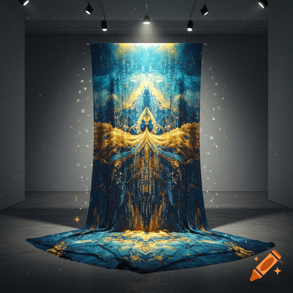 An abstract tapestry in shades of blue and gold hangs in an art gallery, pooling onto the floor, with subtle digital symbols projected on the walls.