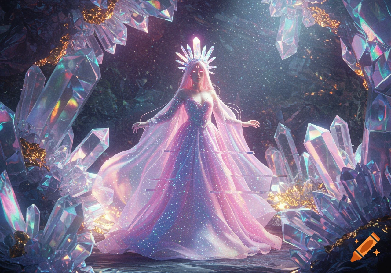 A glowing princess in a shimmering pink dress and crystal crown stands amidst large, iridescent geode crystals in a magical setting.