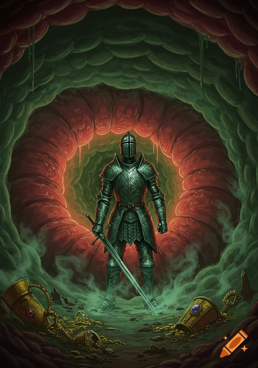 A fully armored knight with a sword stands in a dark, fleshy cave resembling a dragon's stomach, surrounded by scattered gold treasure. Digital art.