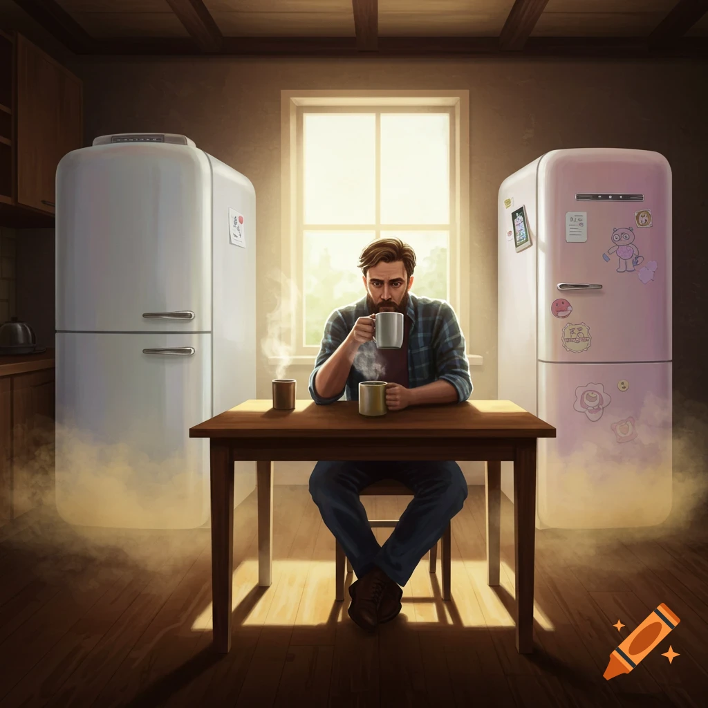 Bearded man sits at a wooden table in a dimly lit kitchen, drinking coffee from a mug, with two large fridges behind him.