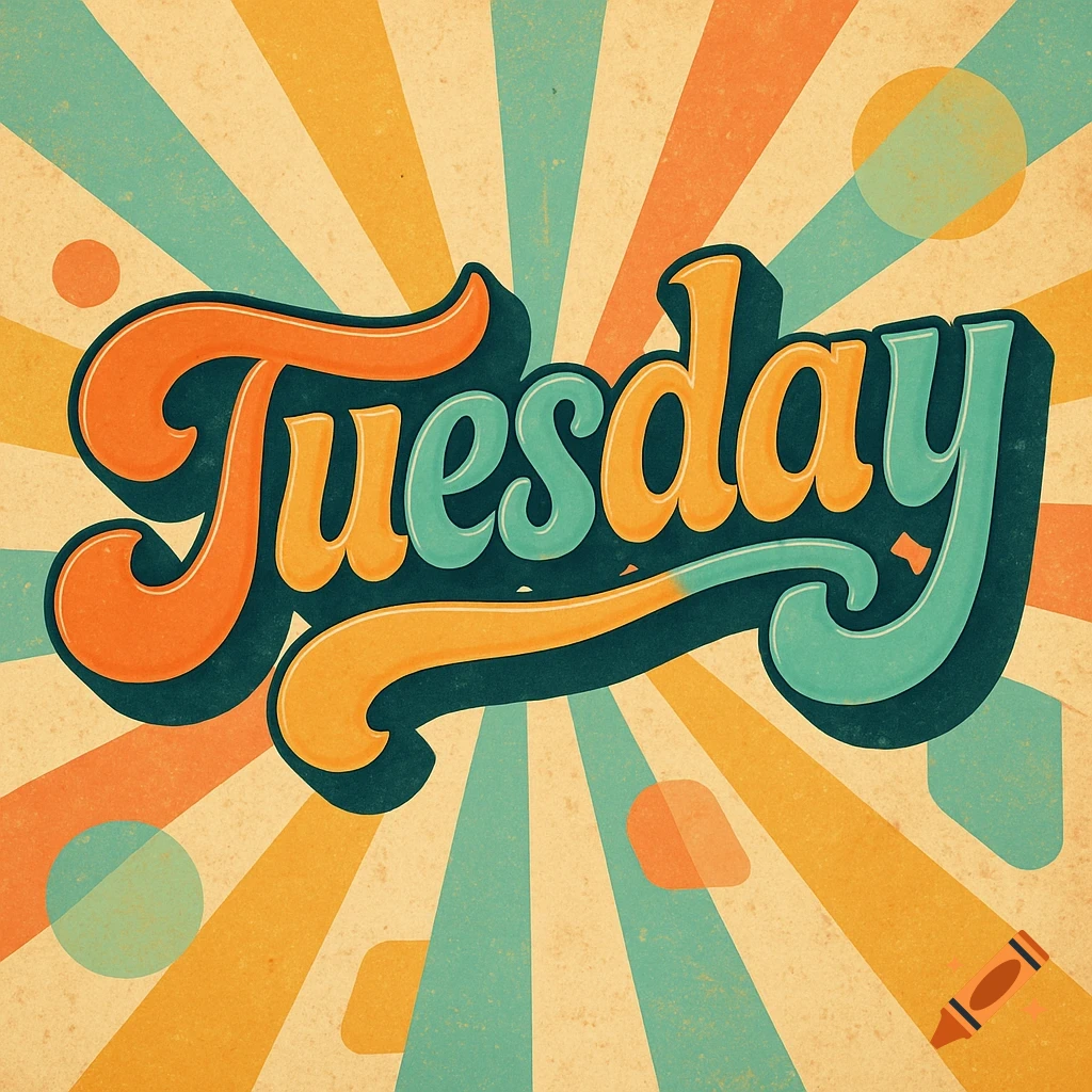 The word 'Tuesday' in a vibrant orange and teal retro-style font, with a sunburst background.
