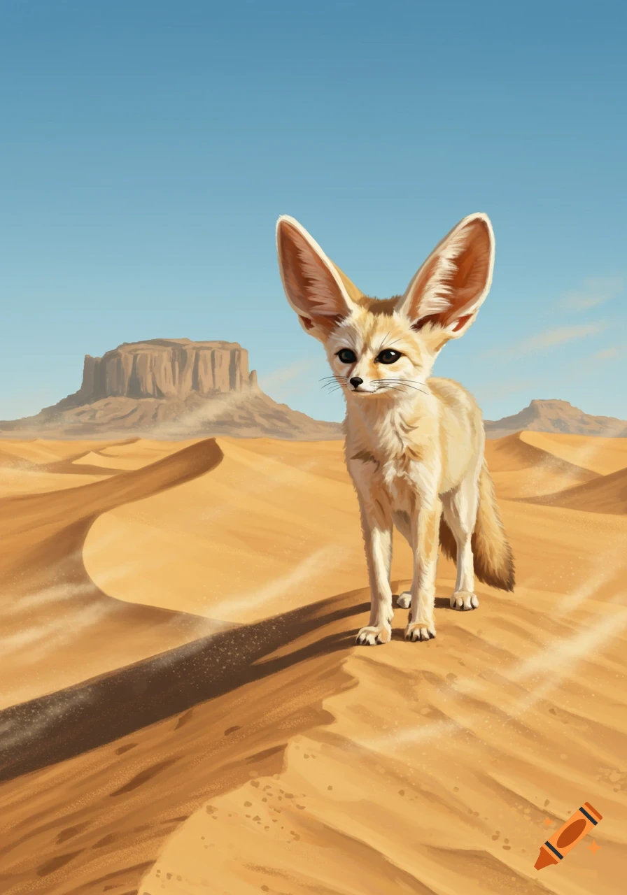 A fennec fox with large ears stands on a sand dune in a desert landscape with mesa-like mountains under a clear blue sky.