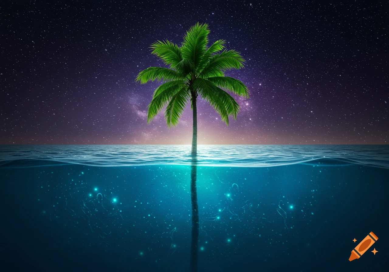 A palm tree stands in the ocean, half submerged in glowing blue water, under a starry night sky.