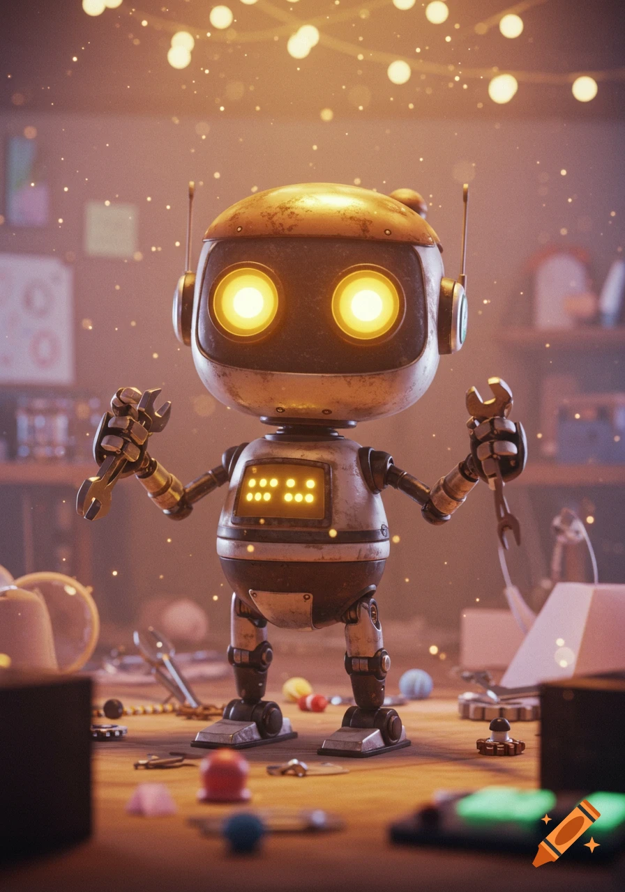 A cute, rusty robot with glowing eyes stands in a cluttered workshop, holding a wrench in each hand, with warm bokeh lights in the background.
