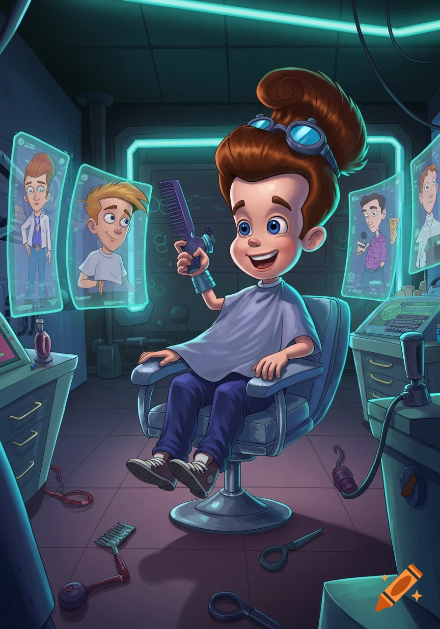 Cartoon boy Jimmy Neutron with big hair and goggles sits in a sci-fi barber chair, holding a futuristic comb, with holographic screens showing other cartoon characters in a lab.