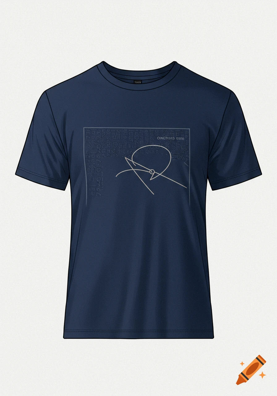 Dark blue t-shirt with a white minimalist abstract line art design and subtle text patterns.