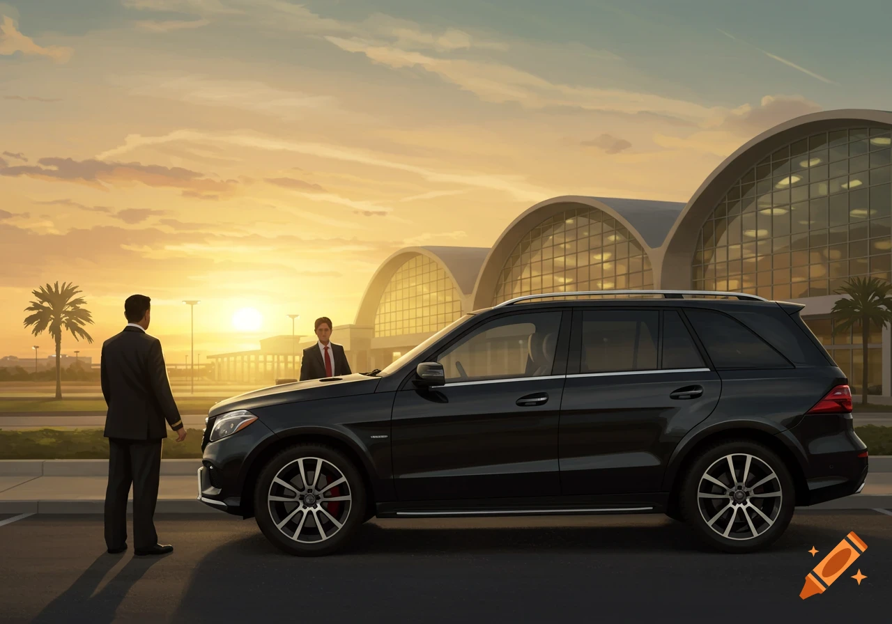 A black Mercedes SUV parked at an airport during sunset, with two men in suits, one standing by the front and another by the back.