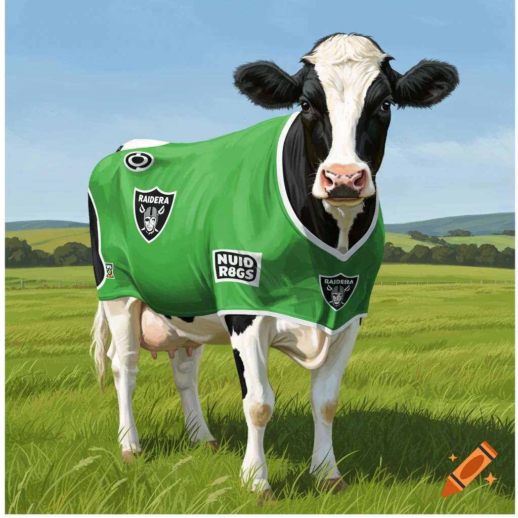 A black and white cow wearing a green sports jersey with team logos stands in a sunny grassy field.