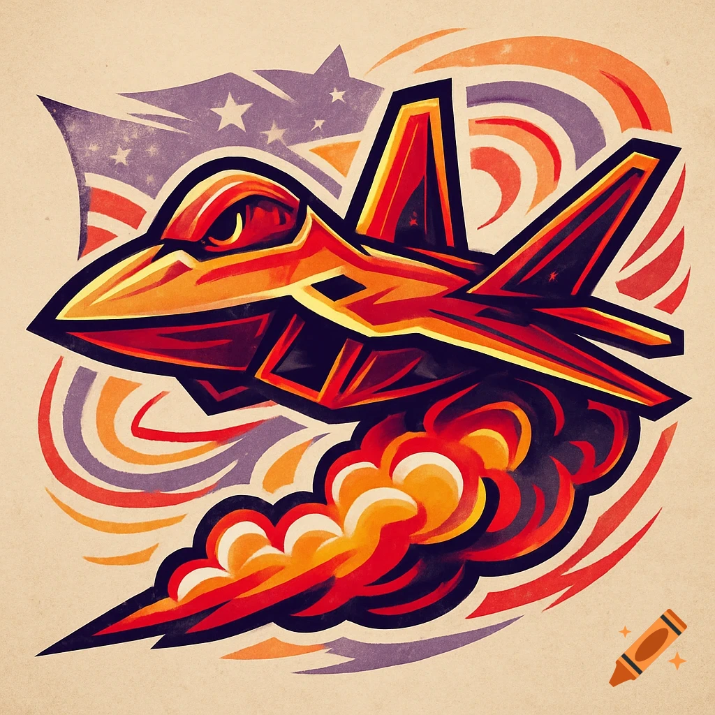 Stylized illustration of an F22 fighter jet, featuring red, orange, gold, and purple colors, resembling a sports team logo.