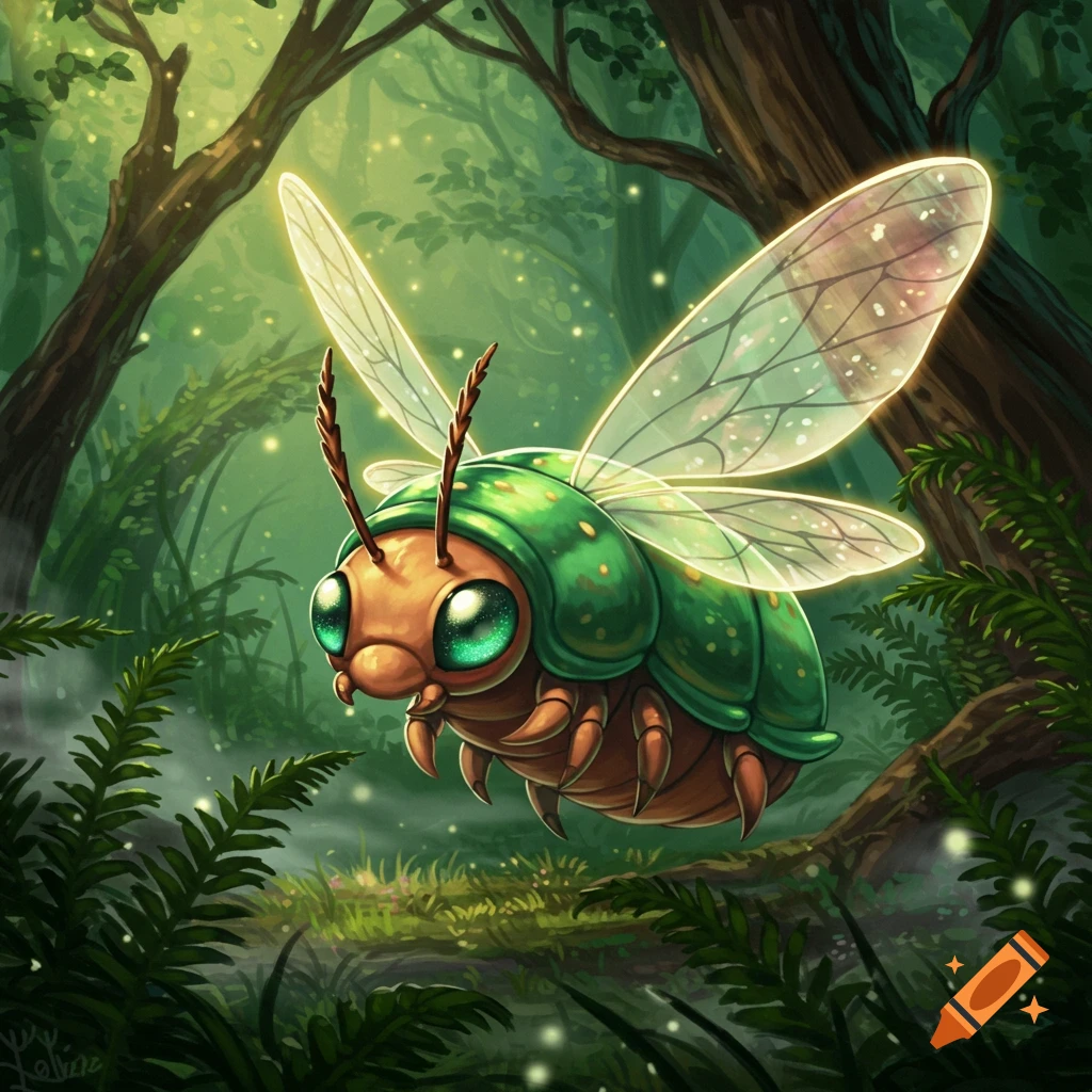 A cute, stylized green and orange bug with glowing wings flying in a lush, mystical green forest.