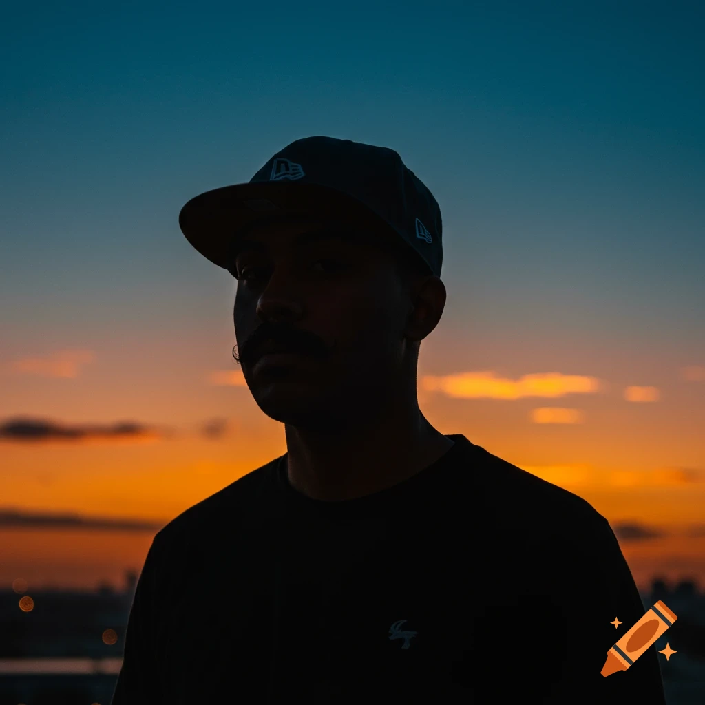 Silhouette of a man wearing a baseball cap and a mustache against a vibrant orange and blue sunset.