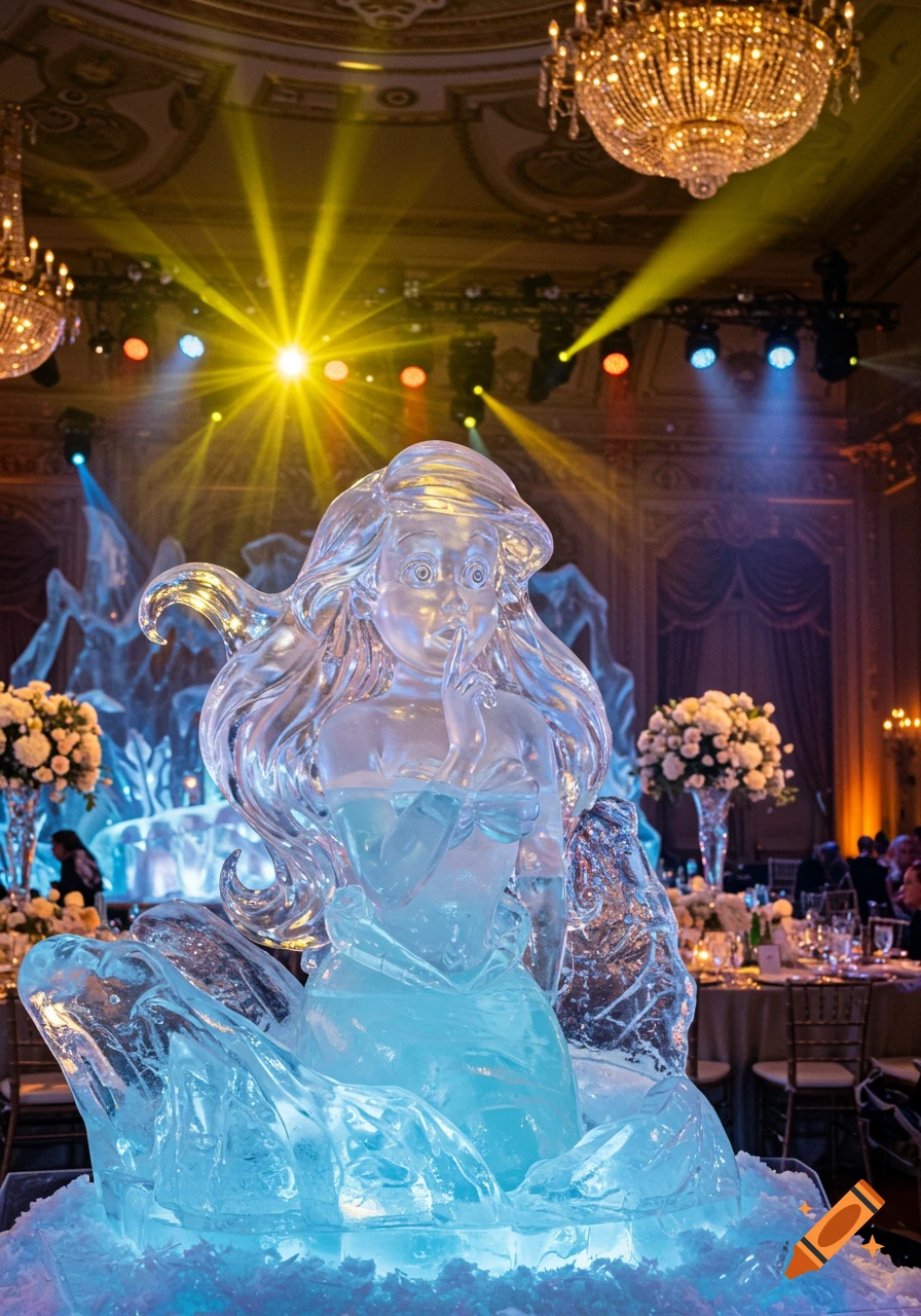 A surprised Ariel ice sculpture illuminated by spotlights in an opulent gala ballroom.