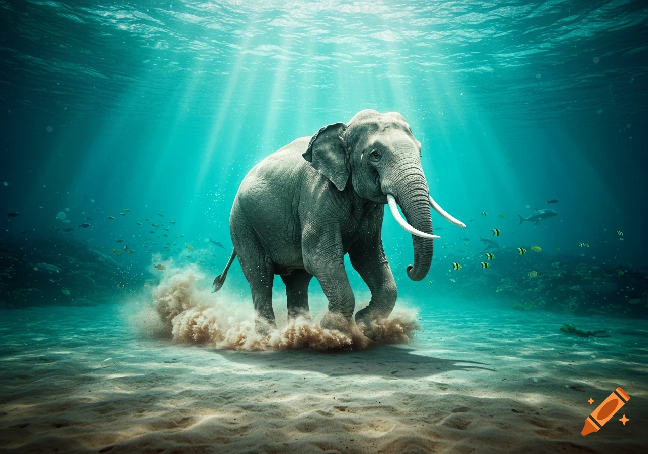A large grey elephant runs on a sandy ocean floor, stirring up sediment, with sunlight beaming through the turquoise water and fish swimming by.