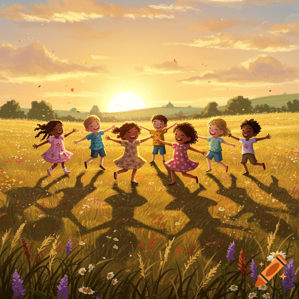 Seven joyful children running and playing in a sunny wildflower field at sunset, digital illustration.