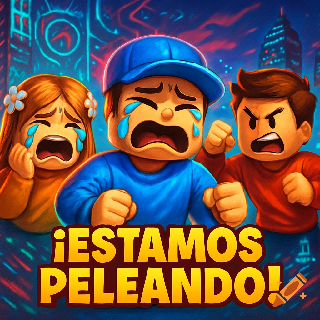Three crying and angry Roblox-style avatars in a vibrant city scene with text " ¡ESTAMOS PELEANDO!" at the bottom.