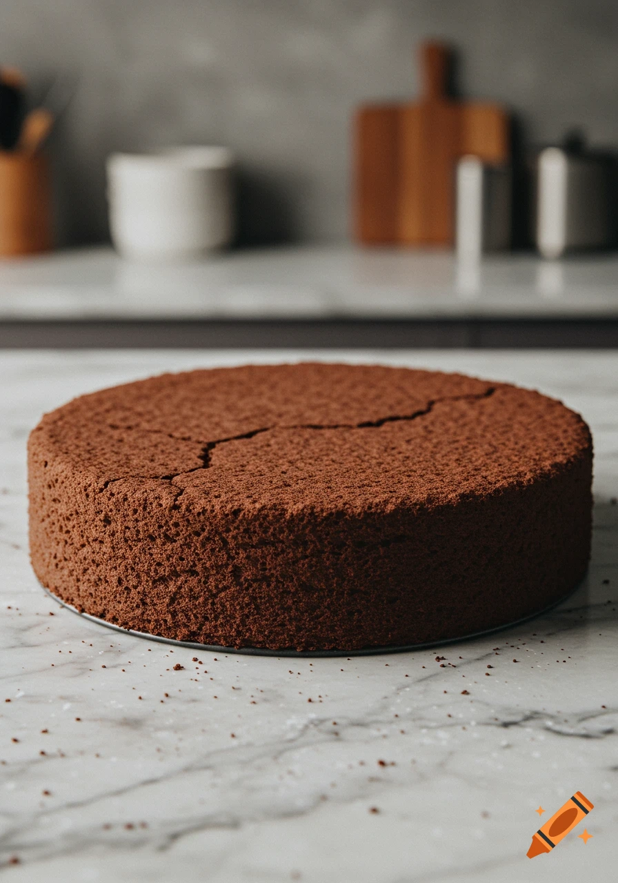 A close-up, photorealistic image of a round, dark chocolate cake base with a cracked top, sitting on a speckled marble counter in a kitchen.