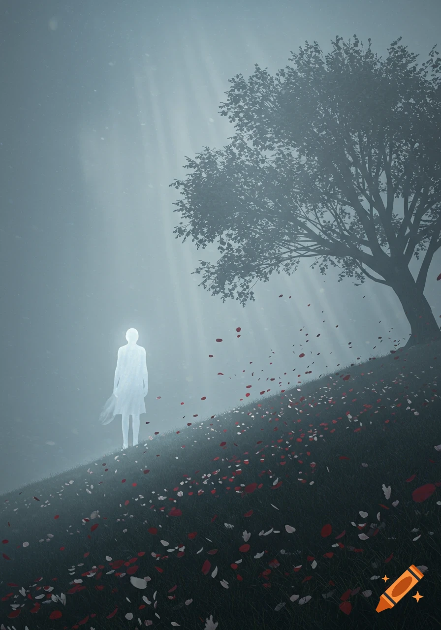 A glowing, ethereal figure stands on a misty, petal-strewn hill under light rays, next to a large tree.