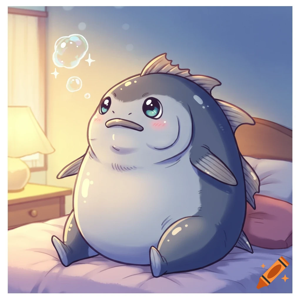 A cute, plump anime fish with big eyes sits on a bed, looking at bubbles. Its cheeks are rosy.