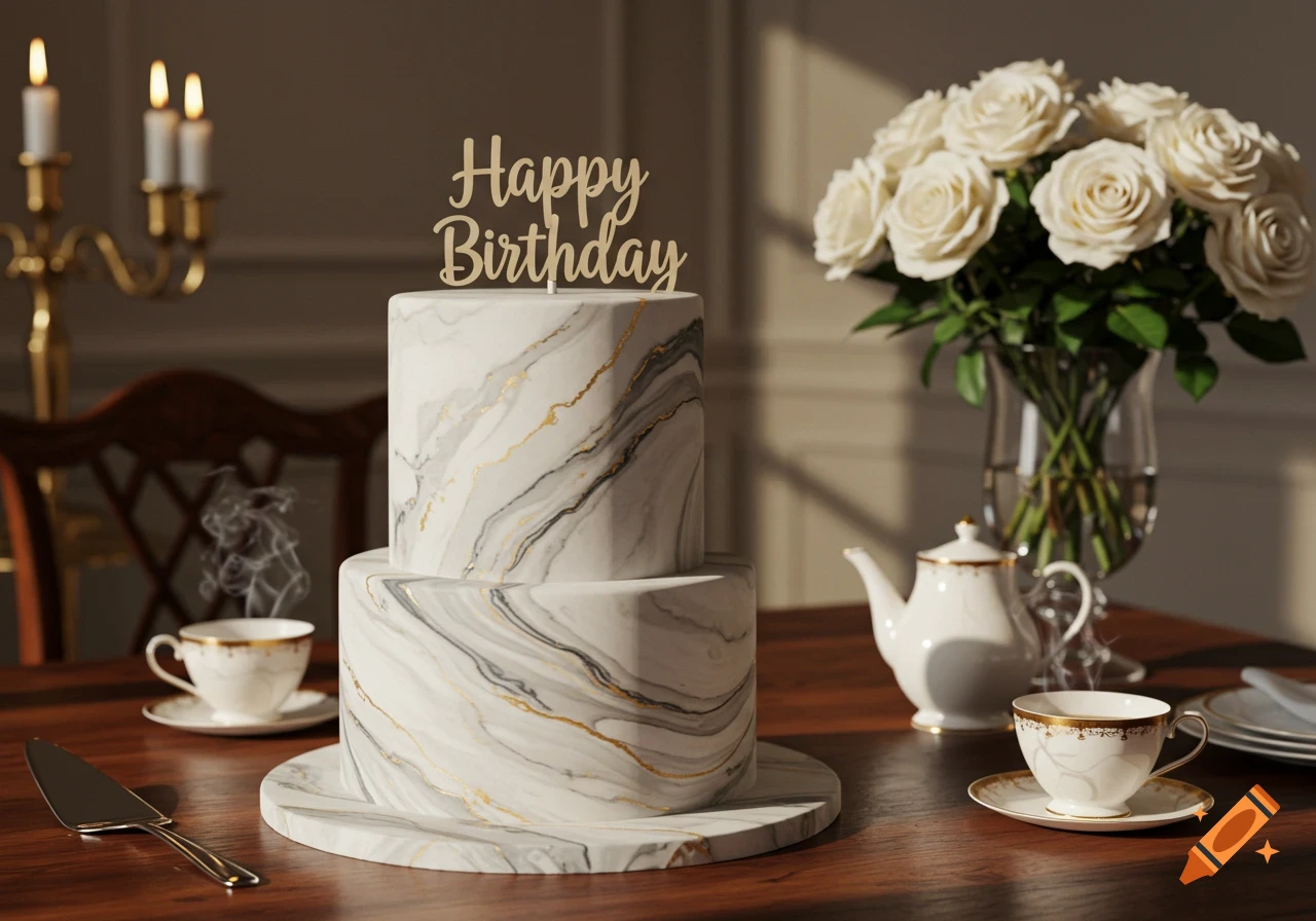 Photorealistic image of a two-tier marble birthday cake with 'Happy Birthday' topper, on a wooden table with candles, white roses, and tea cups.