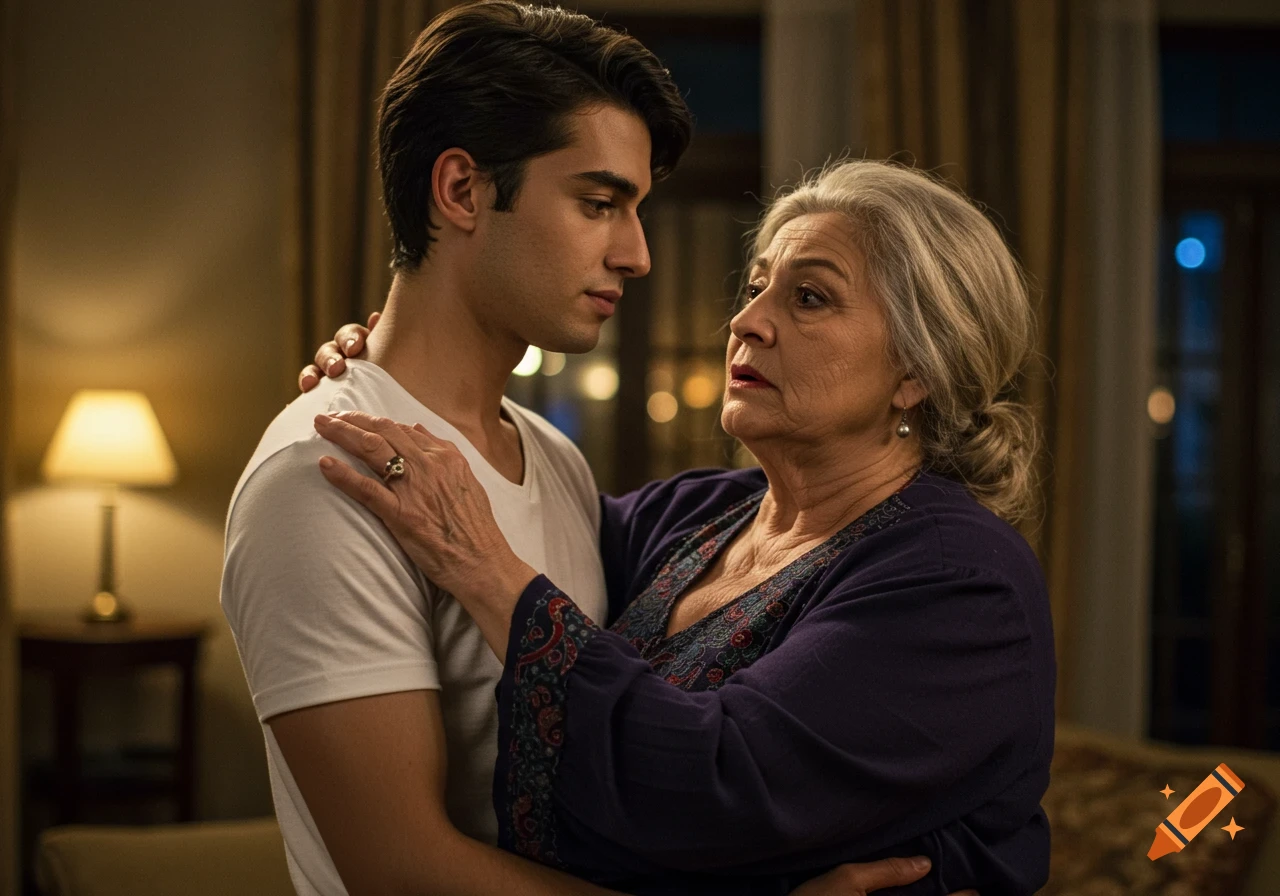 A young man with dark hair in a white t-shirt embraces an older woman with grey hair in a purple patterned top, looking intently at each other in a dimly lit room.