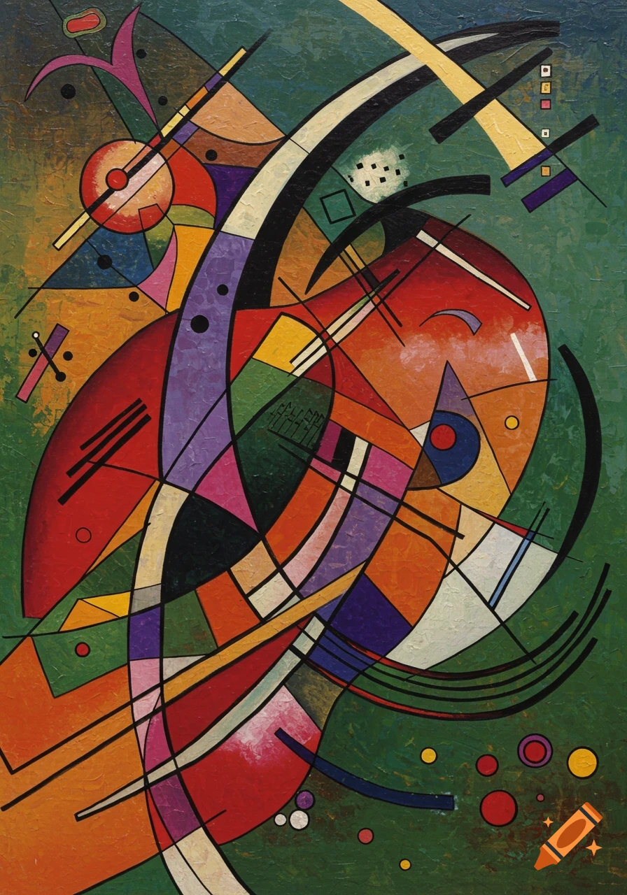 An abstract painting in Kandinsky's style, featuring vibrant geometric shapes, curved lines, and contrasting colors on a textured green background.