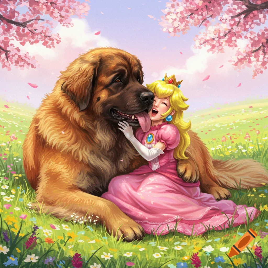 Princess Peach in a pink dress hugging a large Leonberger dog in a field of flowers under cherry blossom trees, digital art.