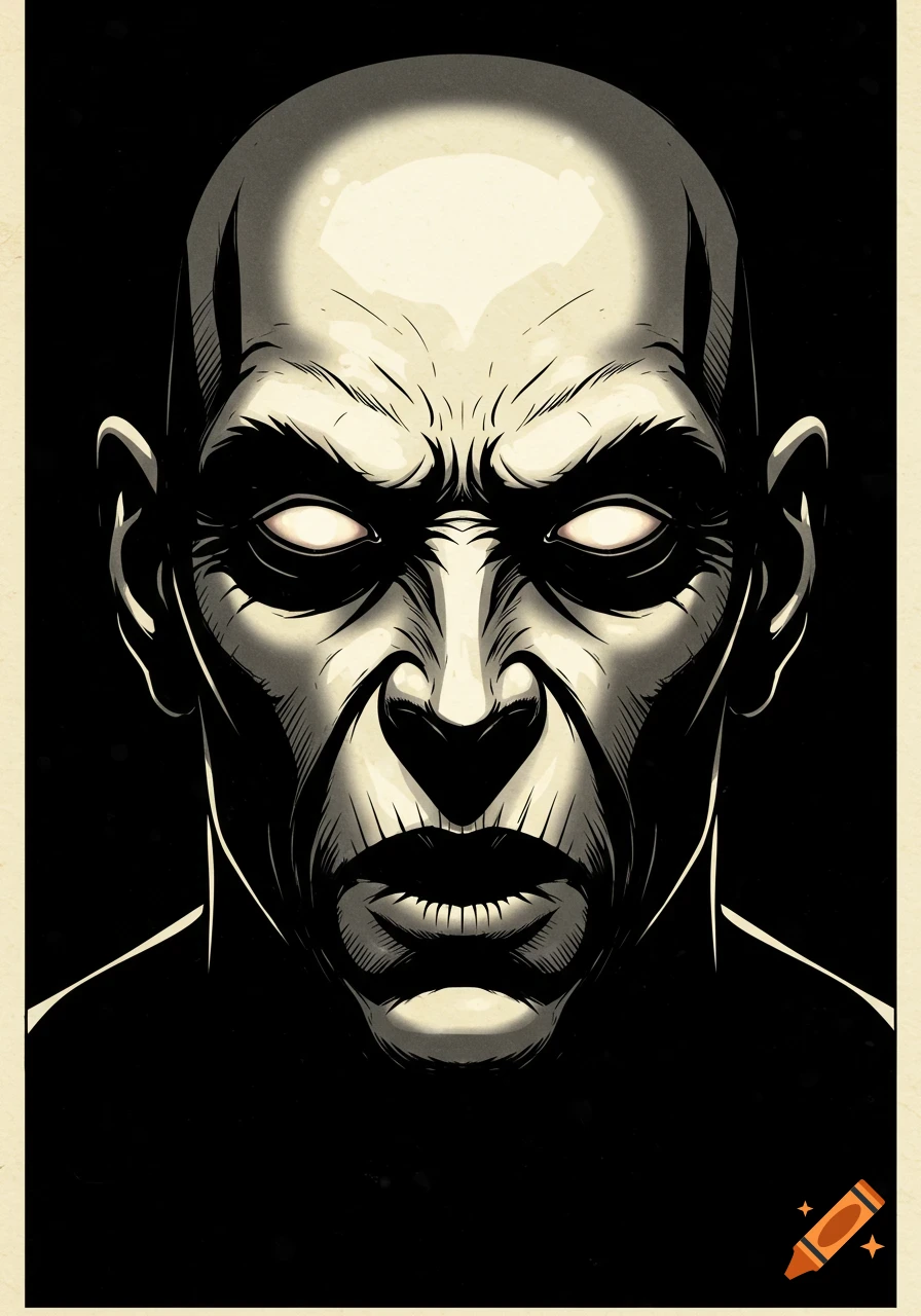 Chest-up retro comic-book style portrait of a bald, sinister figure with glowing eyes, dramatic shadows, and bold inking.