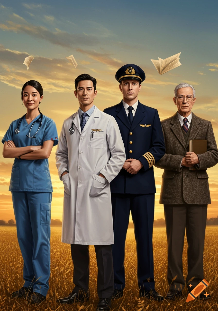 Four professionals, including a nurse, doctor, pilot, and professor, stand in a golden field under a cloudy sky.