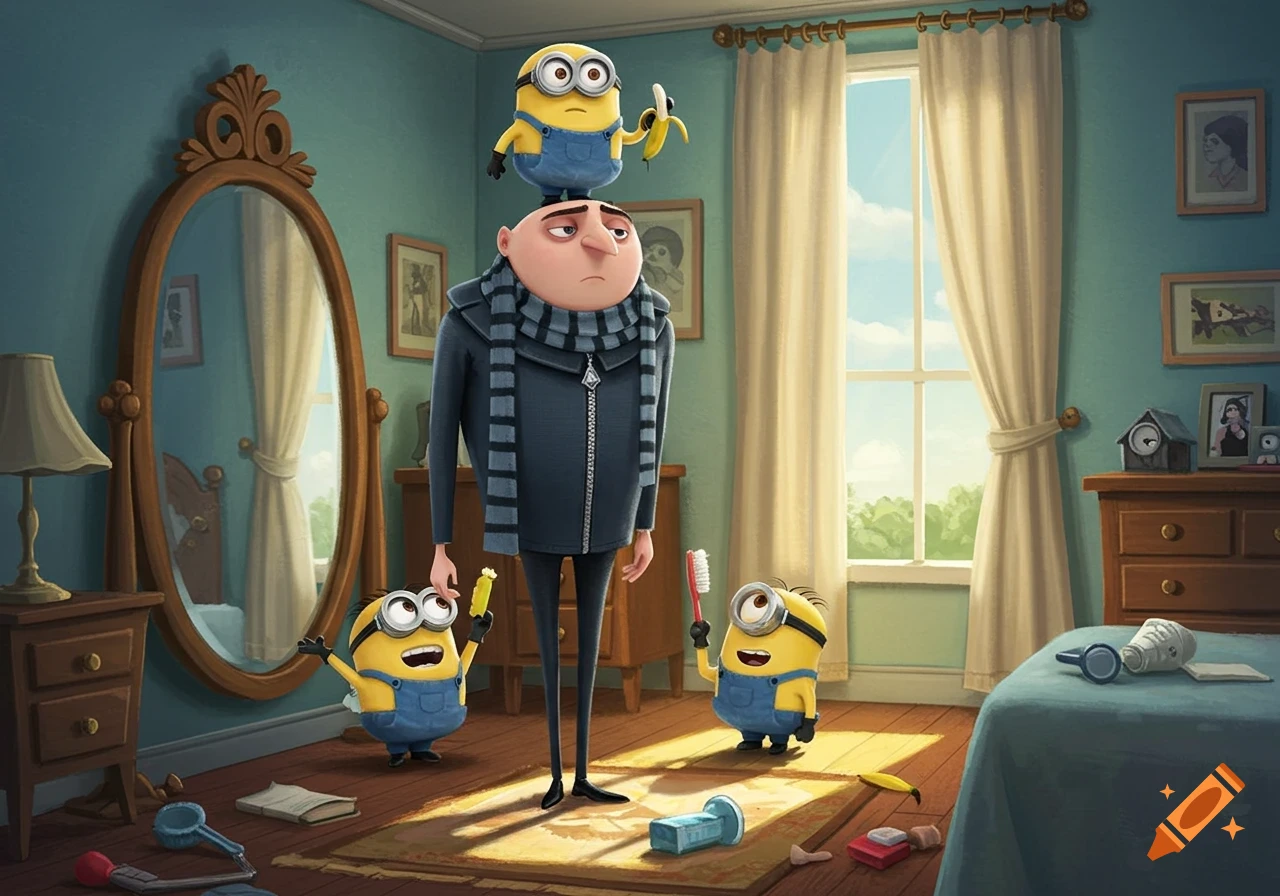 Gru stands tiredly in his bedroom with a minion on his head. Other minions are brushing their teeth with bananas and holding toothbrushes.