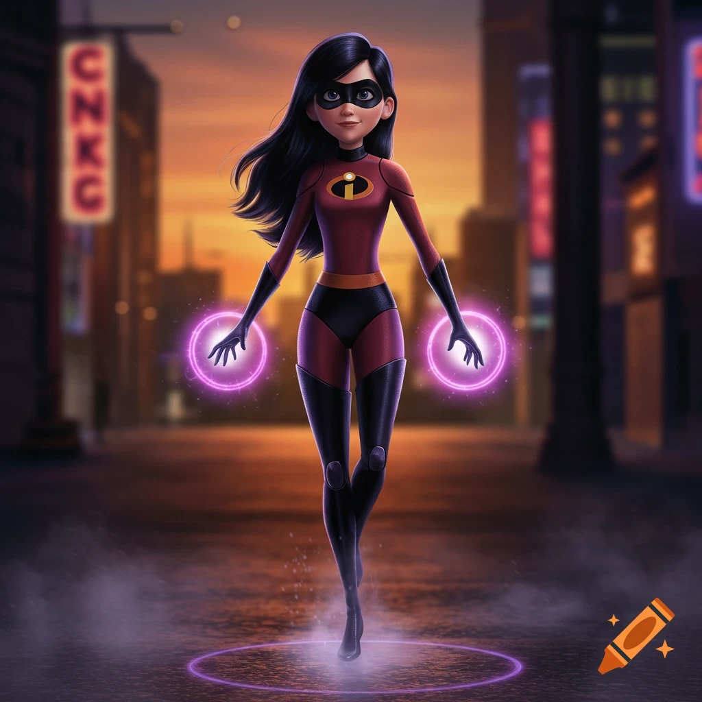 Violet Parr in her red and black superhero suit, hands glowing with purple energy, in a stylized digital art city at sunset.