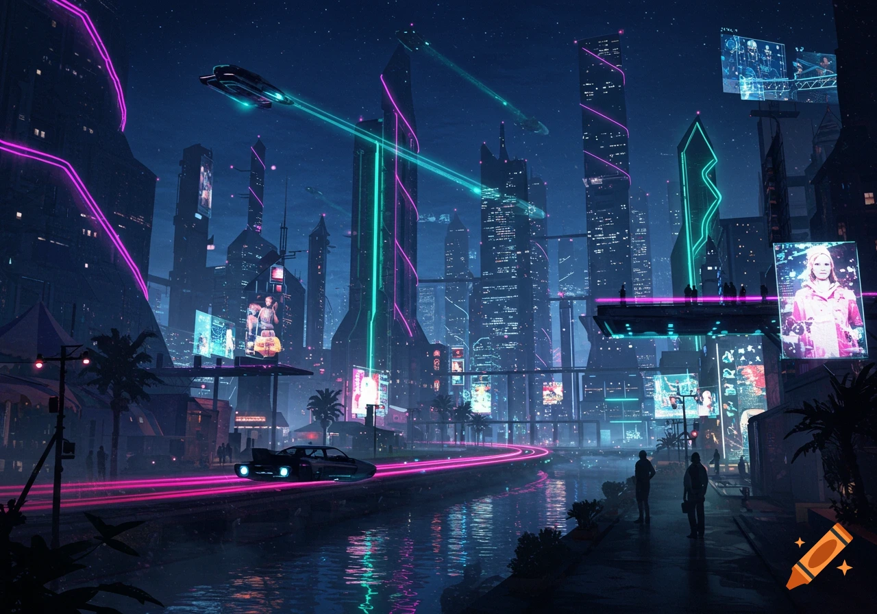 A vibrant futuristic city at night with towering skyscrapers, neon lights, flying vehicles, and a reflective river.