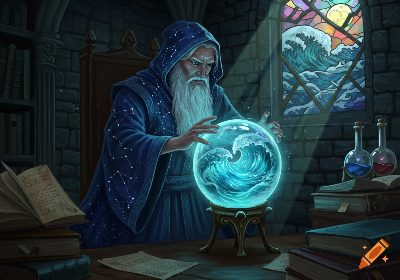 A wizard with a long white beard and starry blue robe gazes into a glowing crystal ball containing swirling waves, in a dimly lit stone room.