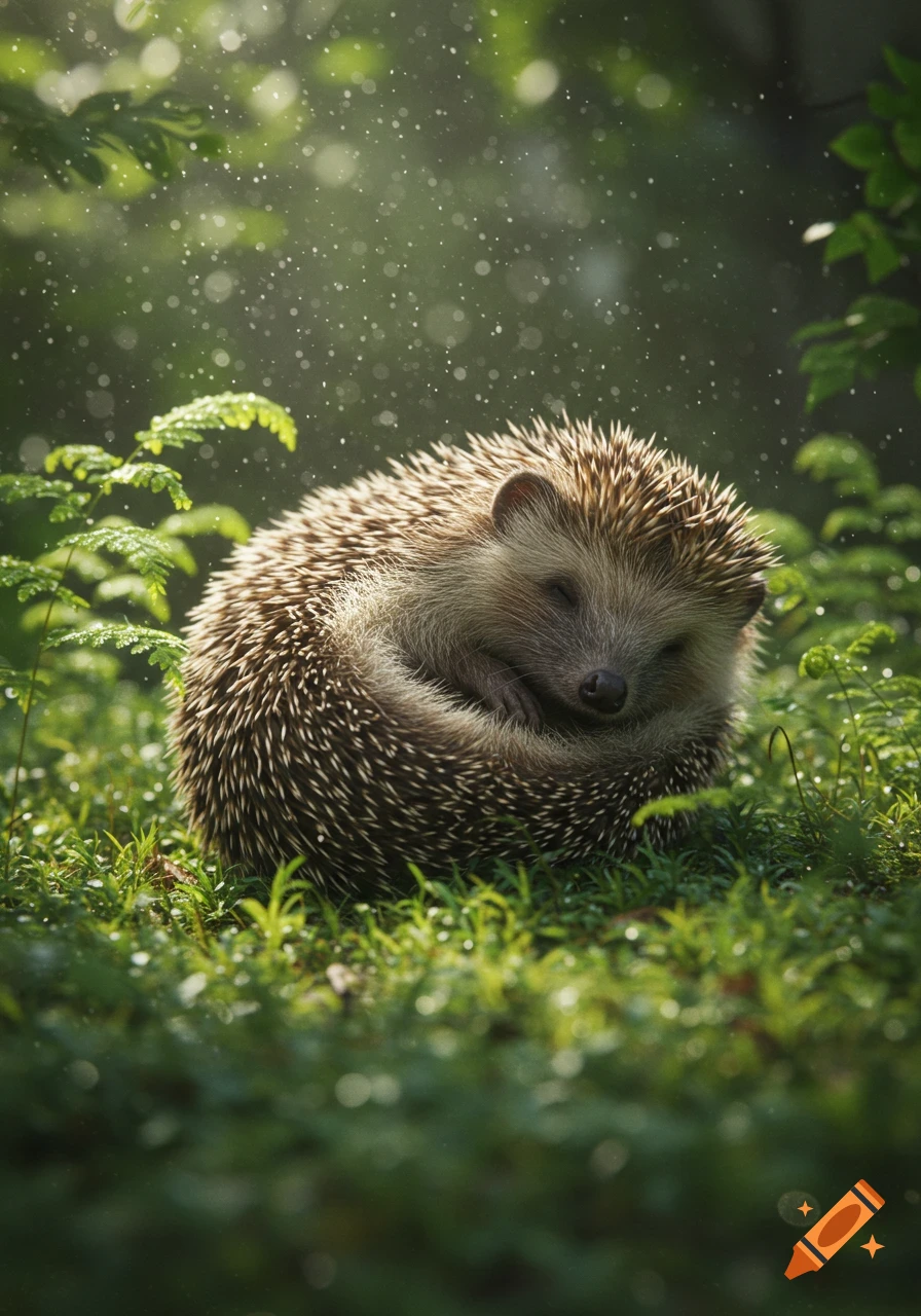 A cute, curled-up hedgehog sleeps peacefully in sun-dappled green grass with sparkling light, photorealistic.