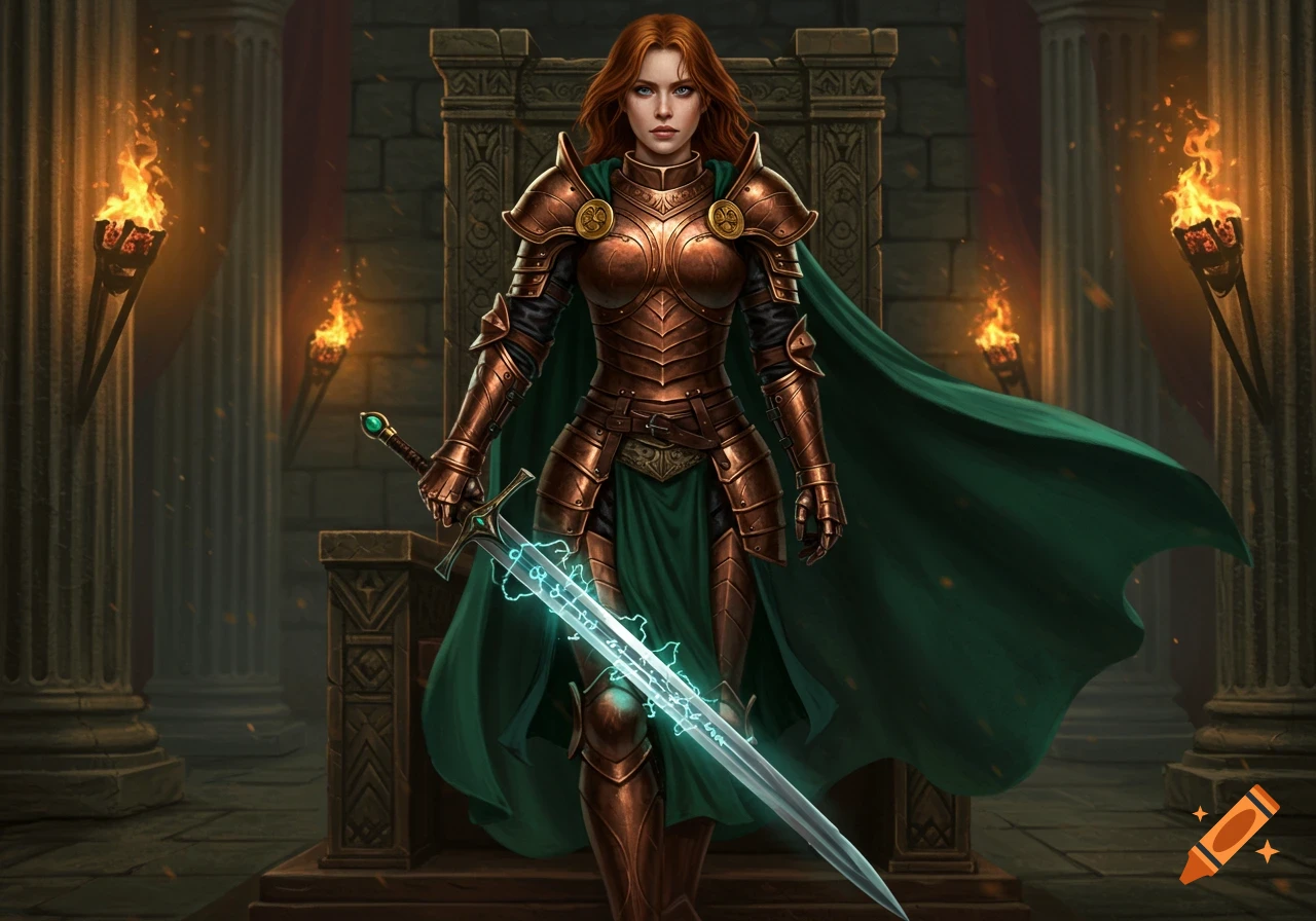 A red-haired female warrior in ornate copper armor and a green cape stands holding a glowing sword in a stone hall with torches.