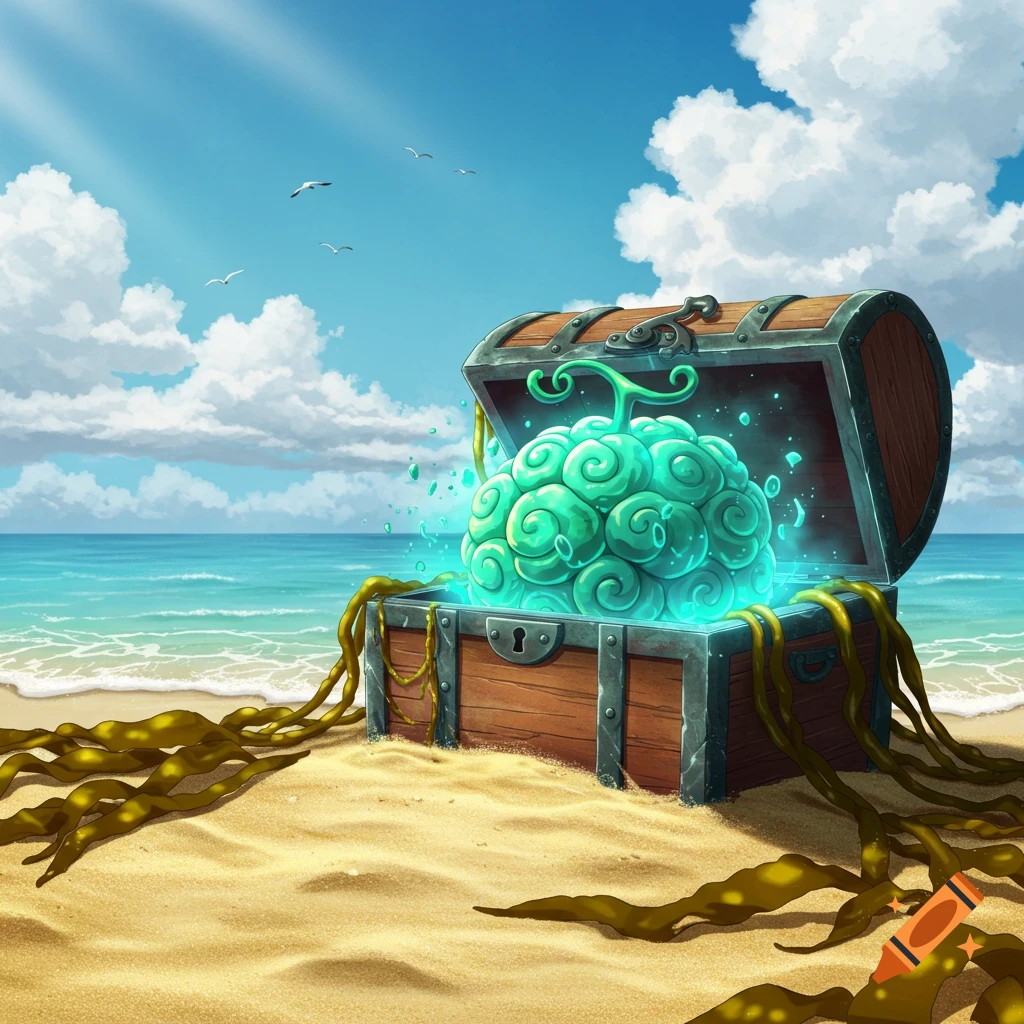 A glowing green Devil Fruit from One Piece in an open treasure chest on a sandy beach under a sunny sky.