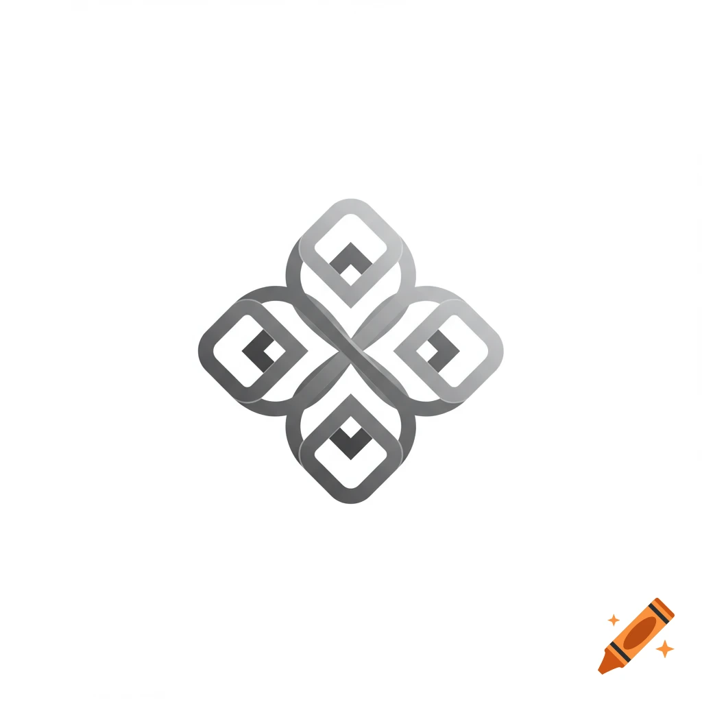 A symmetrical abstract logo formed by interlocking grey rounded rectangular shapes, creating a floral or clover-like pattern.