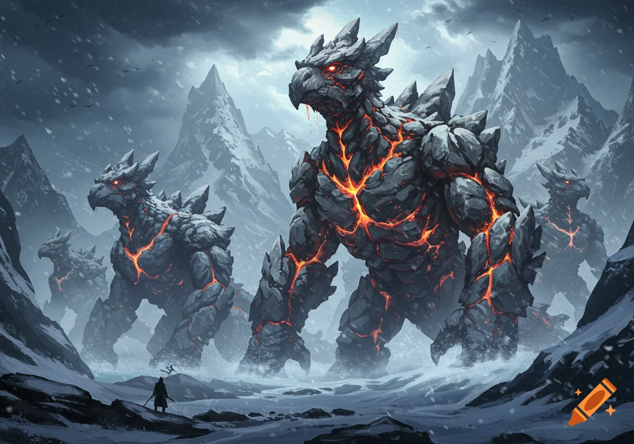 A lone figure stands before several colossal, lava-filled rock monsters resembling birds in a snowy mountain valley.