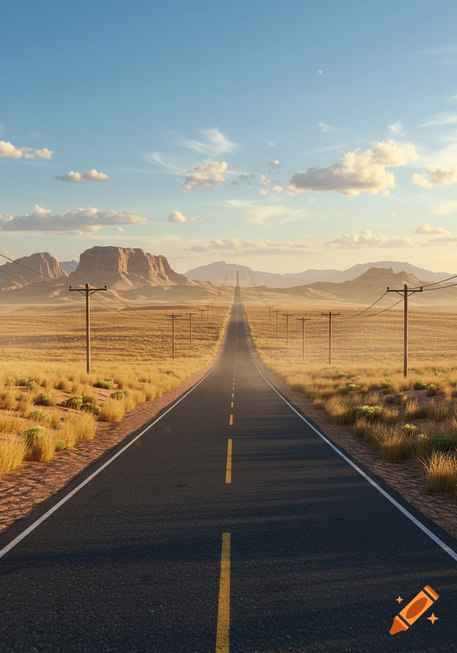 A long, straight road stretches through a desert landscape with mountains in the distance under a blue sky at sunset.
