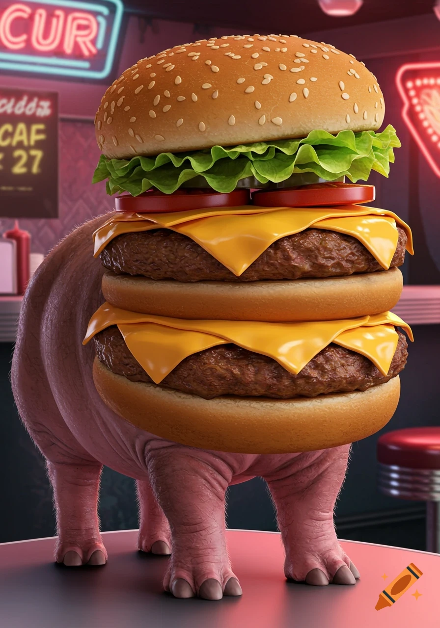 A whimsical double cheeseburger with a pink, wrinkled hippo-like body and pig legs stands on a diner counter. Neon signs in the background.
