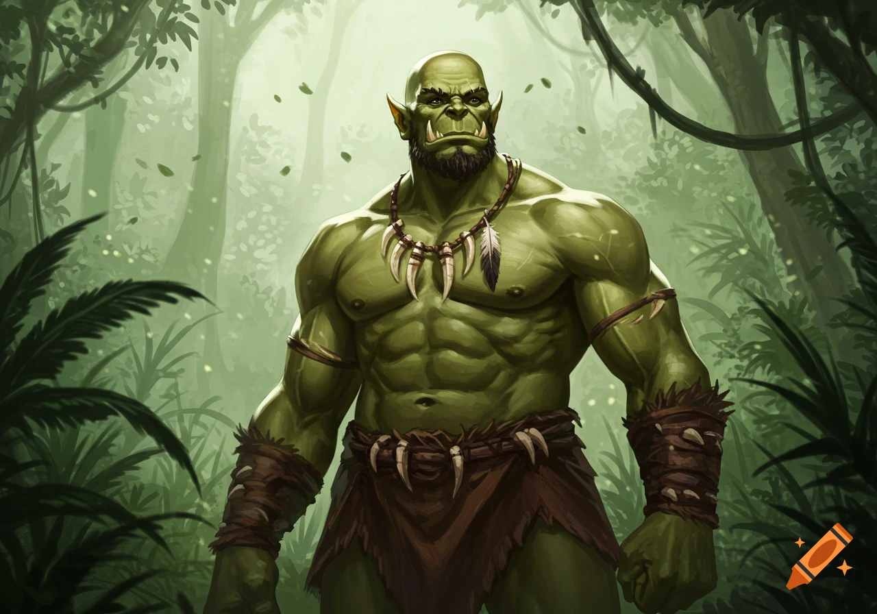 A muscular green orc with a beard, wearing a tribal necklace and loincloth, stands in a lush jungle.