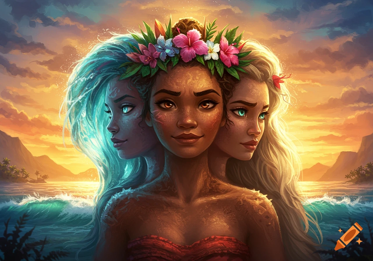 A three-headed woman reminiscent of Moana, wearing a flower crown, stands before a vivid sunset ocean with distant islands.